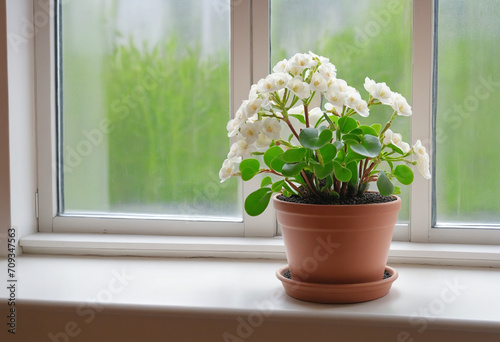 Elegant Kalanchoe Calandiva flowers on windowsill
