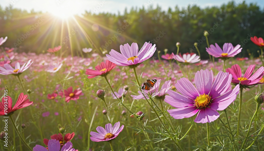 Colorful wildflowers and butterflies in a sunlit meadow, captured in a close-up artistic shot with soft focus and beautiful bokeh. Colorful wildflowers and butterflies in a sunlit meadow, captured in a close-up artistic shot with soft focus and beautiful bokeh.
