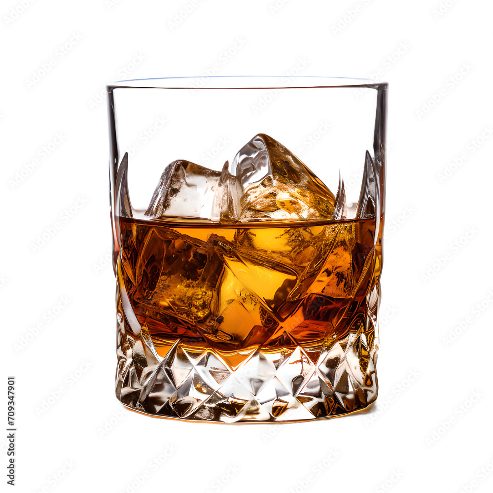 png of crystal tumbler with whiskey on the rocks
