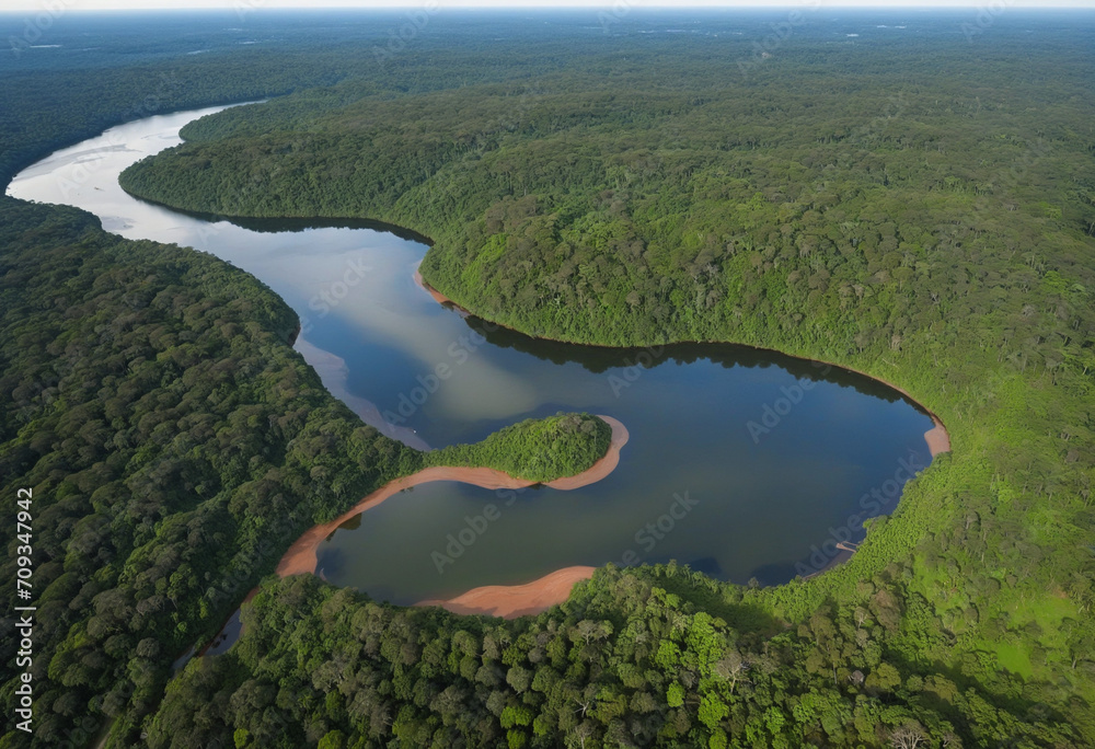 Amazon rainforest aerial scenery with winding river bend.
