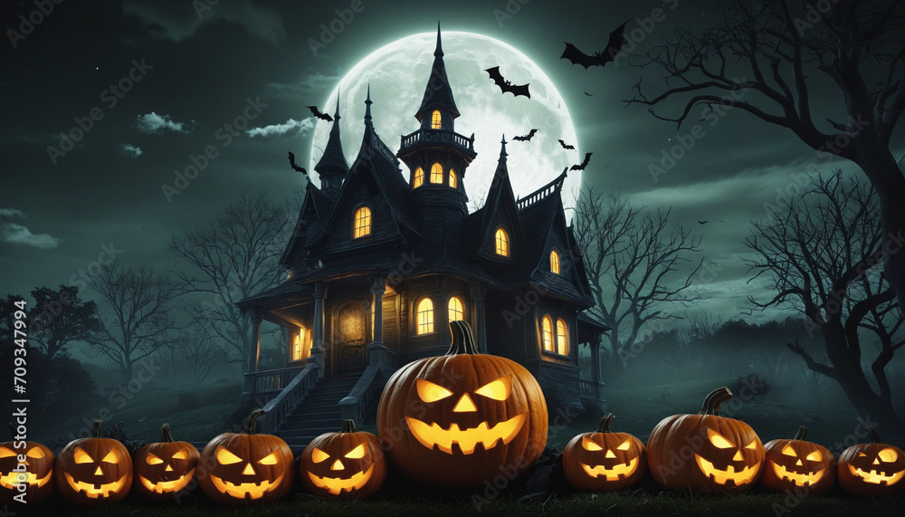 Spooky Halloween Scene with Evil Pumpkin and Haunted House - 3D Rendering
