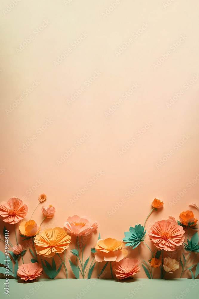 Composition of paper flowers and herbs in peach and gray-green colors, arranged at the bottom of the image with free space at the top. Valentine's Day, International Women's Day, 8 March Composition of paper flowers and herbs in peach and gray-green colors, arranged at the bottom of the image with free space at the top. Valentine's Day, International Women's Day, 8 March