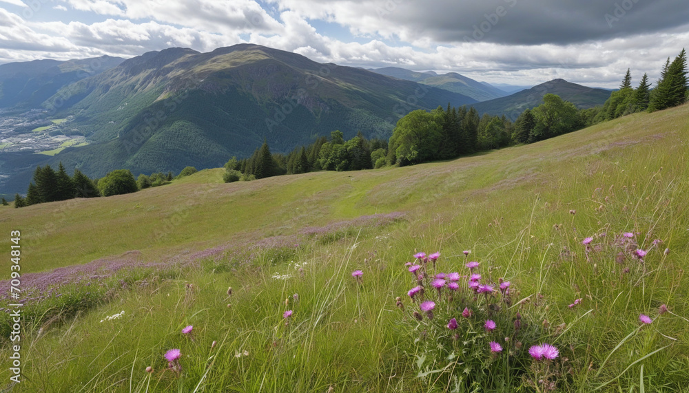 Create a stunning depiction of a blooming wildflower meadow in the Scottish Highlands, showcasing the beauty of heather and thistles.