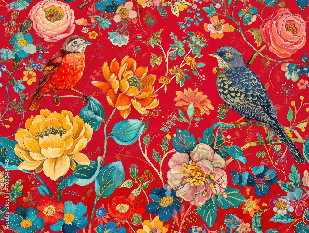 Obraz premium Beautiful Classic Victorian style Poetic and Hand Painted Retro Fine Art canvas for wallpaper and background with Colorful Peacocks, birds, Flowers and plants, Nature-inspired and floral botanical