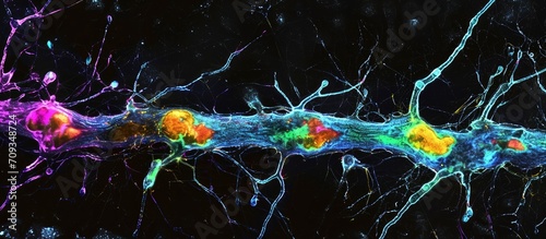 Different phases of Wallerian degeneration in damaged myelinated nerve fibers after nerve section, seen with osmium tetroxide stain, in a left-to-right, top-to-bottom arrangement. photo