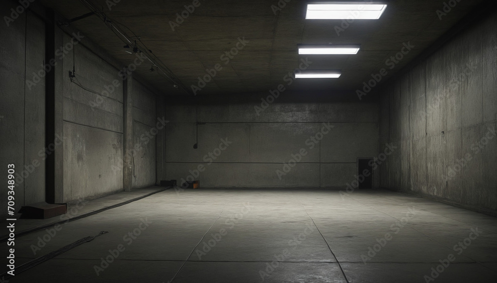 Shadowy subterranean storage setting, vacant cement car park with dim lighting. Surreal grim space with drab walls. Idea of modernistic styling, manufacturing, plant, gaming