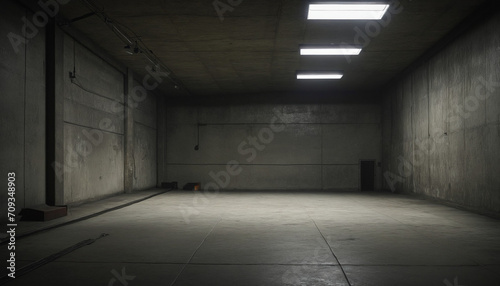 Shadowy subterranean storage setting, vacant cement car park with dim lighting. Surreal grim space with drab walls. Idea of modernistic styling, manufacturing, plant, gaming