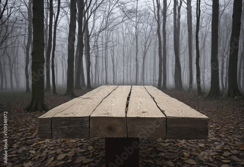 Atmospheric Wooden Table in the Evening Foggy Park