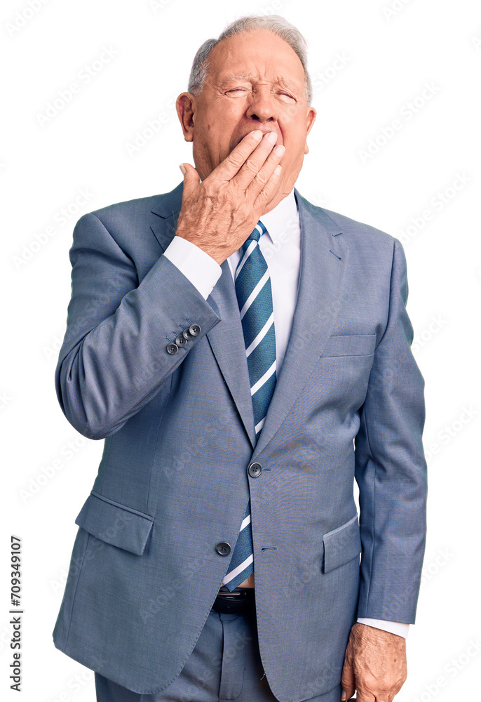 Senior handsome grey-haired man wearing elegant suit bored yawning tired covering mouth with hand. restless and sleepiness. Senior handsome grey-haired man wearing elegant suit bored yawning tired covering mouth with hand. restless and sleepiness.