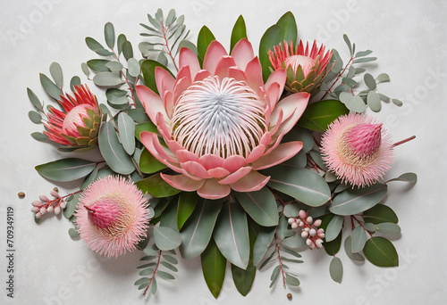 Exquisite pink king protea with pink ice proteas, leucadendrons, eucalyptus leaves and gum nuts in a floral border on a rustic white backdrop.