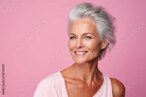 Portrait of beautiful senior woman with grey hair on pink background.