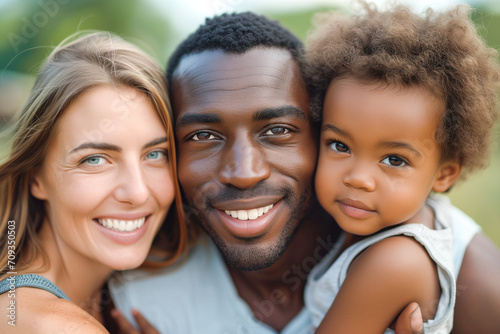 Multiracial Family with Daughter Smiling Outdoors. African Woman and Caucasian Man Holding Daughter. Lifestyle Concept © MCStock