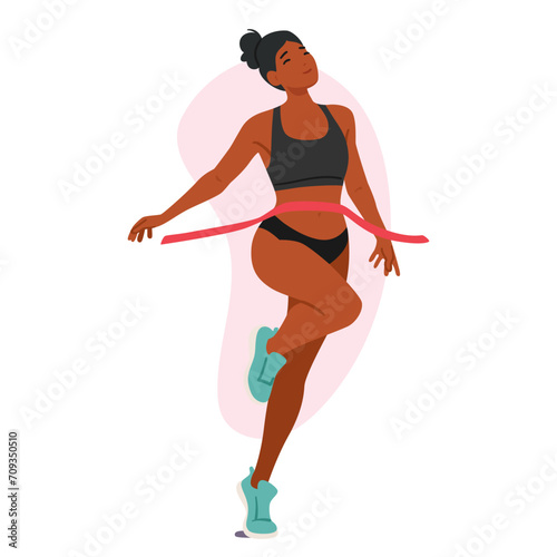 Determined Athlete Female Character Sprints Across The Finish Line, Breaking Through Red Ribbon With Unwavering Passion