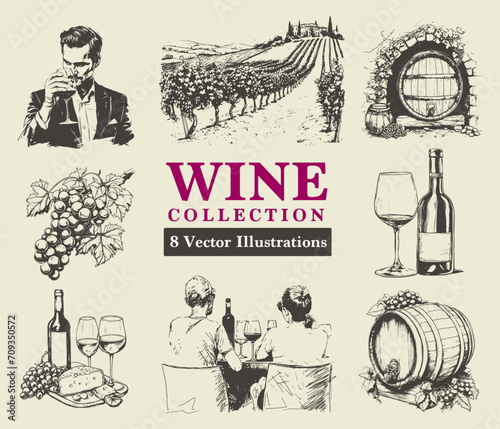 Exquisite Collection of Wine-Themed Vector Illustrations Perfect for Menus, Advertisements, and Educational Material