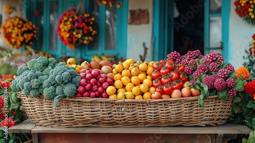 Wallpaper Mural Fresh organic vegetables and fruits in wicker basket in the garden Torontodigital.ca
