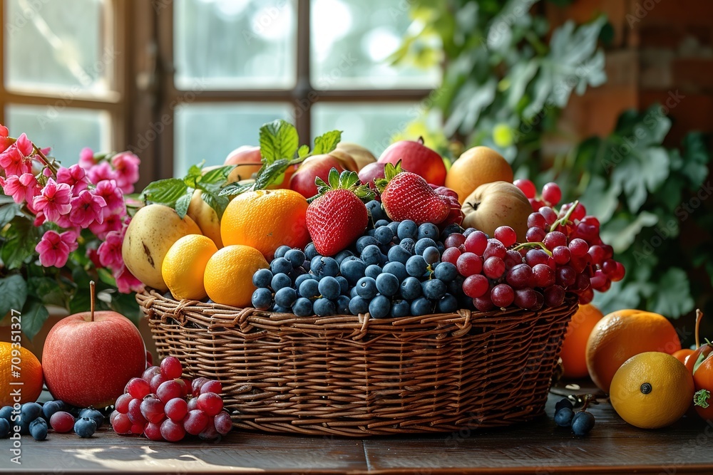 Fresh organic vegetables and fruits in wicker basket in the garden Fresh organic vegetables and fruits in wicker basket in the garden