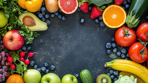 Healthy food. Vegetables and fruits. On a black concrete background. Top view. Copy space