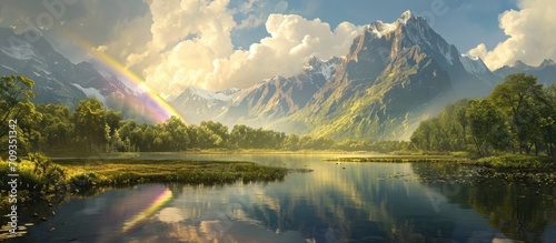 A serene and picturesque landscape with a rainbow reflected in still water, encircled by majestic mountains.