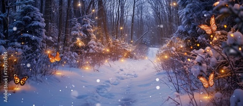 The snowy path is brightened by butterfly lights, adding a playful touch to the winter walk in the forest.