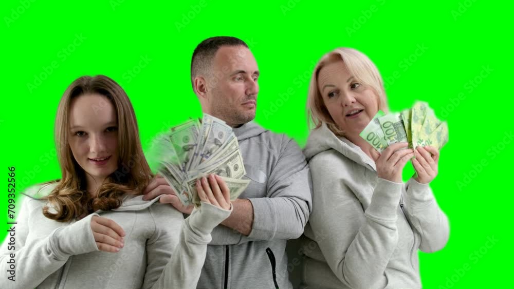 count money large bills banknotes of 100 dollars euro family three people tracksuits wealth March 8 day February 14 Valentine day gift husband wife and daughter. girls women with money in hands count money large bills banknotes of 100 dollars euro family three people tracksuits wealth March 8 day February 14 Valentine day gift husband wife and daughter. girls women with money in hands