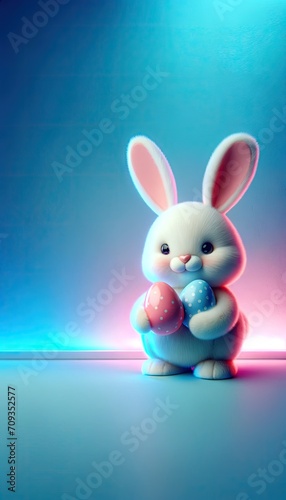 Friendly Easter bunny  gentle expression  holding Easter eggs  gentle blue background  blue and pink neon light. 