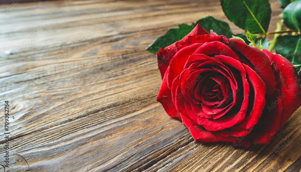 beautiful red rose on wooden background with card for valentine day and space for text
