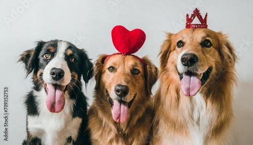 bbanner three group dogs puppy love celebrating valentine s day with a red heart shape diadem on white background happy expression