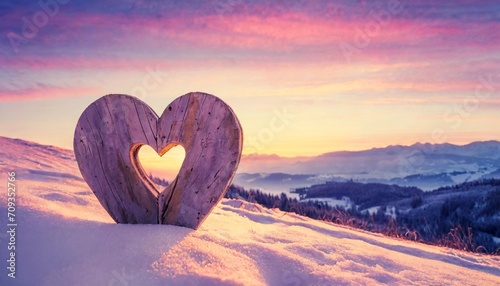 wooden handmade heart in winter nature wit colorful pleasure colors of sunset light valentine love wallpaper with space for your montage