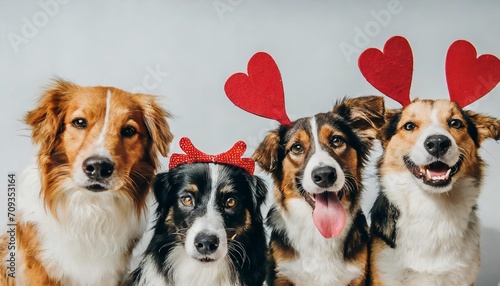 banner five group dogs puppy love celebrating valentine s day with a red heart shape diadem on white background photo