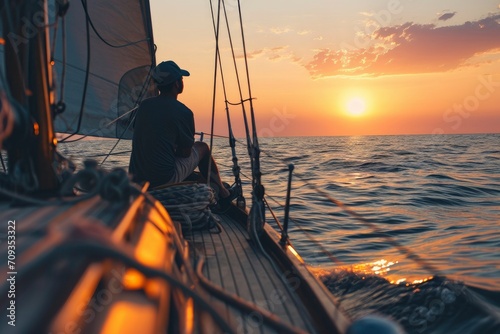 Cruising sailboat, sailing in the Sea at sunset © Ziyasier