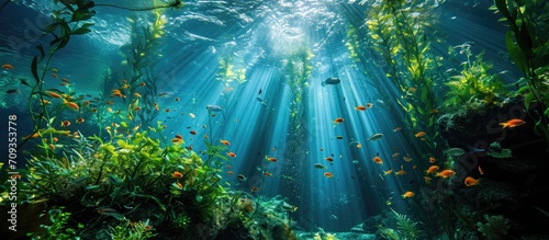Underwater scenery with plants, fish, diving, photography, wildlife, ocean travel. photo