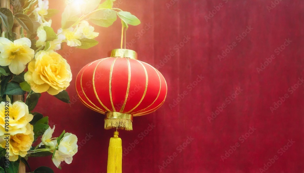 happy chinese new year year of the dragon zodiac sign hanging beautiful lantern and flowers on red background copy space