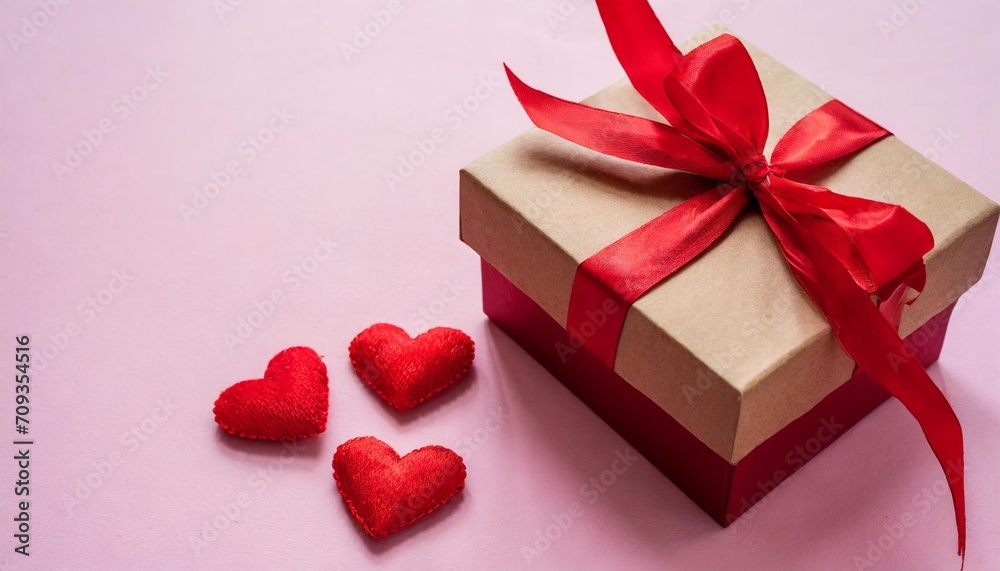 valentines day gift box with red hearts on pink background