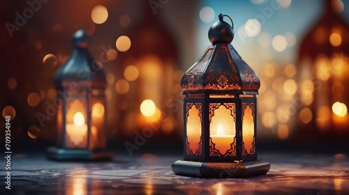 Decorative Arabic lanterns with burning candles shine on the evening mosque background. Festive greeting card, invitation to the Muslim holy month of Ramadan Kareem. copy space - generative ai © Nia™