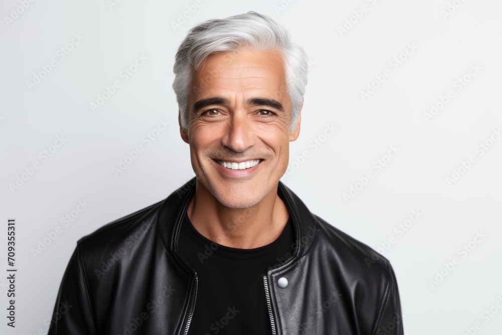 Portrait of a smiling middle-aged man in a leather jacket. Portrait of a smiling middle-aged man in a leather jacket.