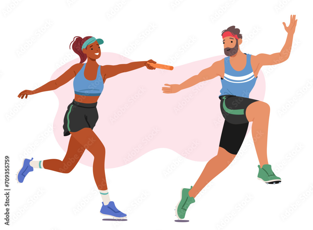 Sprinters Male And Female Characters Pass Baton In Thrilling Relay Race, Exhibiting Speed, Precision, And Teamwork