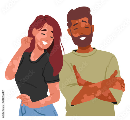 Joyful Couple Characters With Vitiligo, Celebrating Love And Uniqueness. Their Smiles Radiate Acceptance