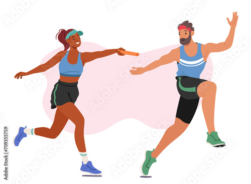 Sprinters Male And Female Characters Pass Baton In Thrilling Relay Race, Exhibiting Speed, Precision, And Teamwork