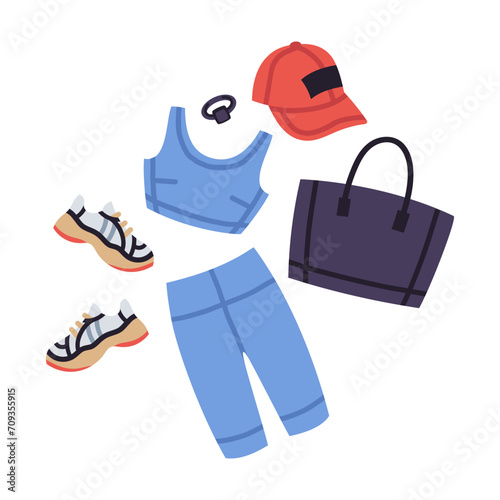 Female fitness outfit. Trendy casual sport look, bra, bicycle shorts, sneakers and baseball hat flat vector illustration. Fitness or yoga wardrobe garments