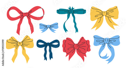 Hand drawn bows. Birthday gifts ribbon decoration, silk bows for holidays present boxes flat vector illustration set. Multicolored cartoon bow collection