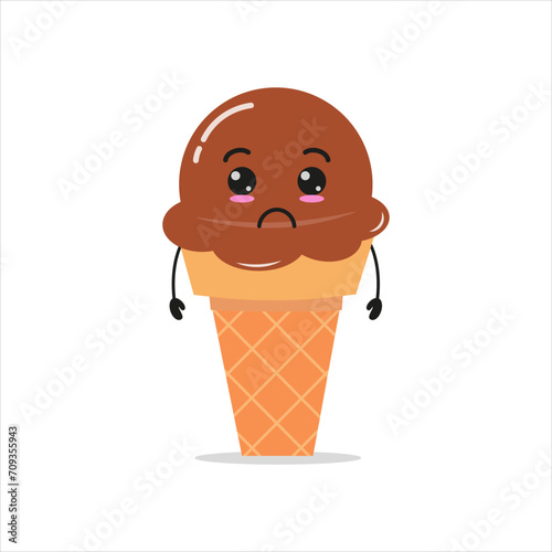 Cute gloomy chocolate ice cream. Funny sad dessert cartoon emoticon in flat style. gelato vector illustration