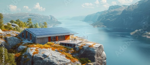 Norwegian tourist spot with solar panels on viewpoint. photo