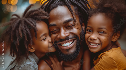 Two black kids kissing and hugging his dad. Reunited and excited to see him. Happy father with his adorable kiddos. photo