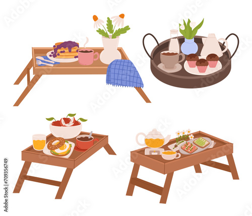 Wooden Trays or Tables With Crisp Cloths, Holds Delightful Breakfast Spread, Fresh Flowers, Warm Pastries, And Coffee