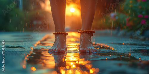 Close-up of a lady's feet with colorful anklets after rain. Traditional Anklet Adorning female Bare Feet. photo