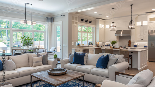 Open living room and kitchen concept. Modern house decor.