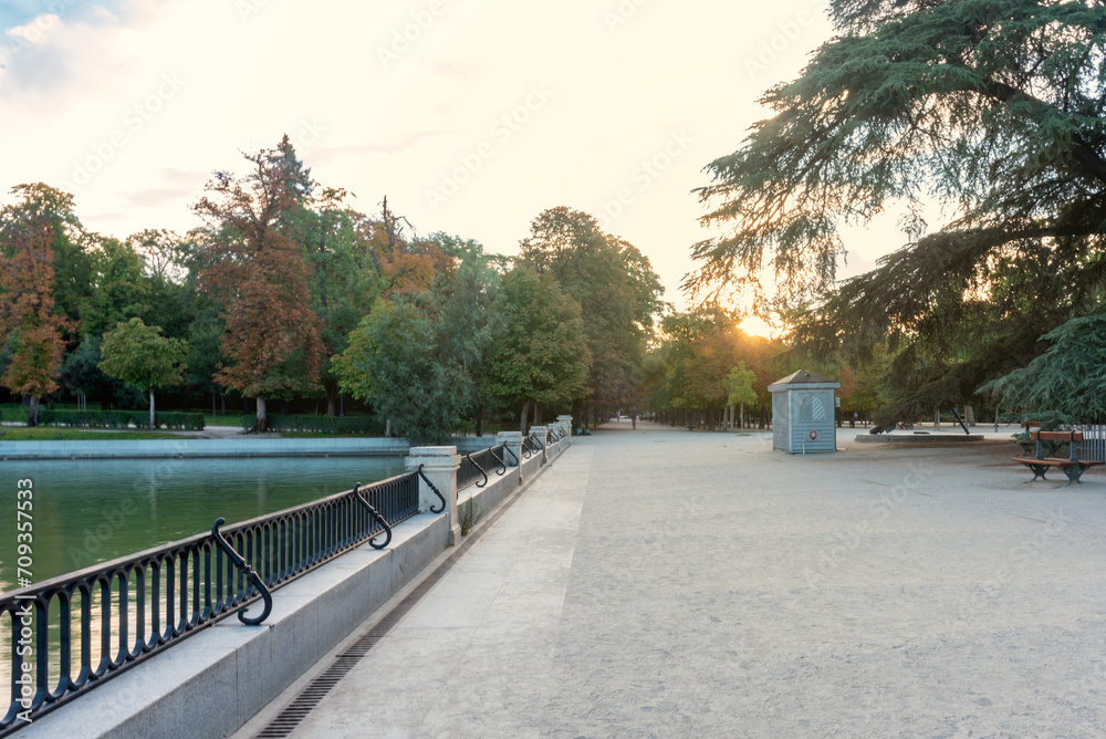 Early morning sunrise at Parque del Buen Retiro in Madrid, Spain