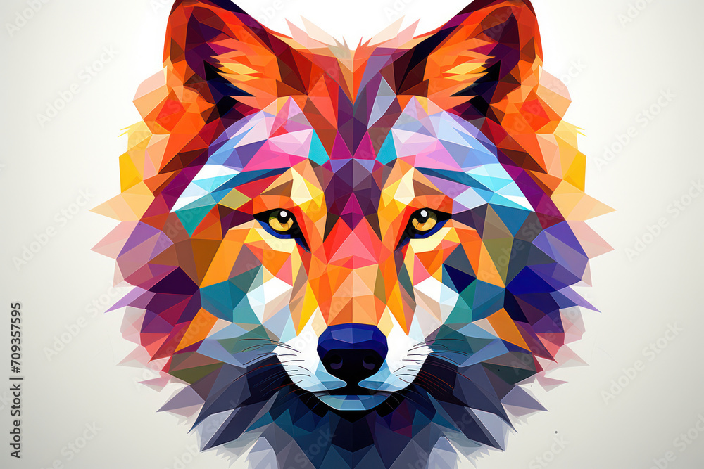 Wild Wolf: An Abstract Illustration of a Majestic Predator with Colorful Fur, Piercing Blue Eyes, and a Beautifully Detailed Face on a Low-Poly Background