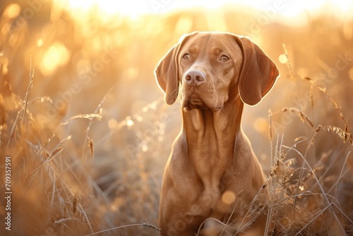 Vizsla dog standing in a field of tall grass during golden hour, with warm sunlight. Generative AI. photo