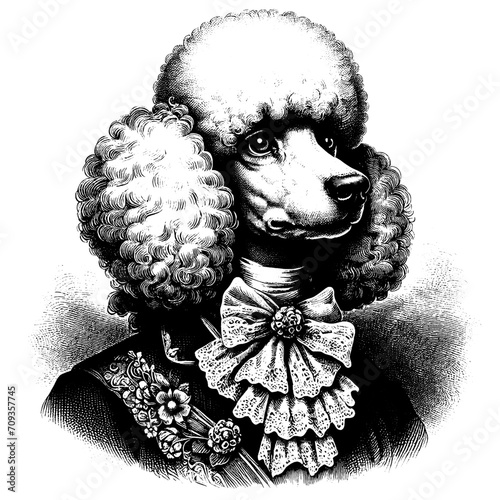 Portrait of a Victorian Poodle. Hand Drawn Engraving Pen and Ink. Vector Isolated in White. Engraving vintage style illustration for print, tattoo, t-shirt, coloring book